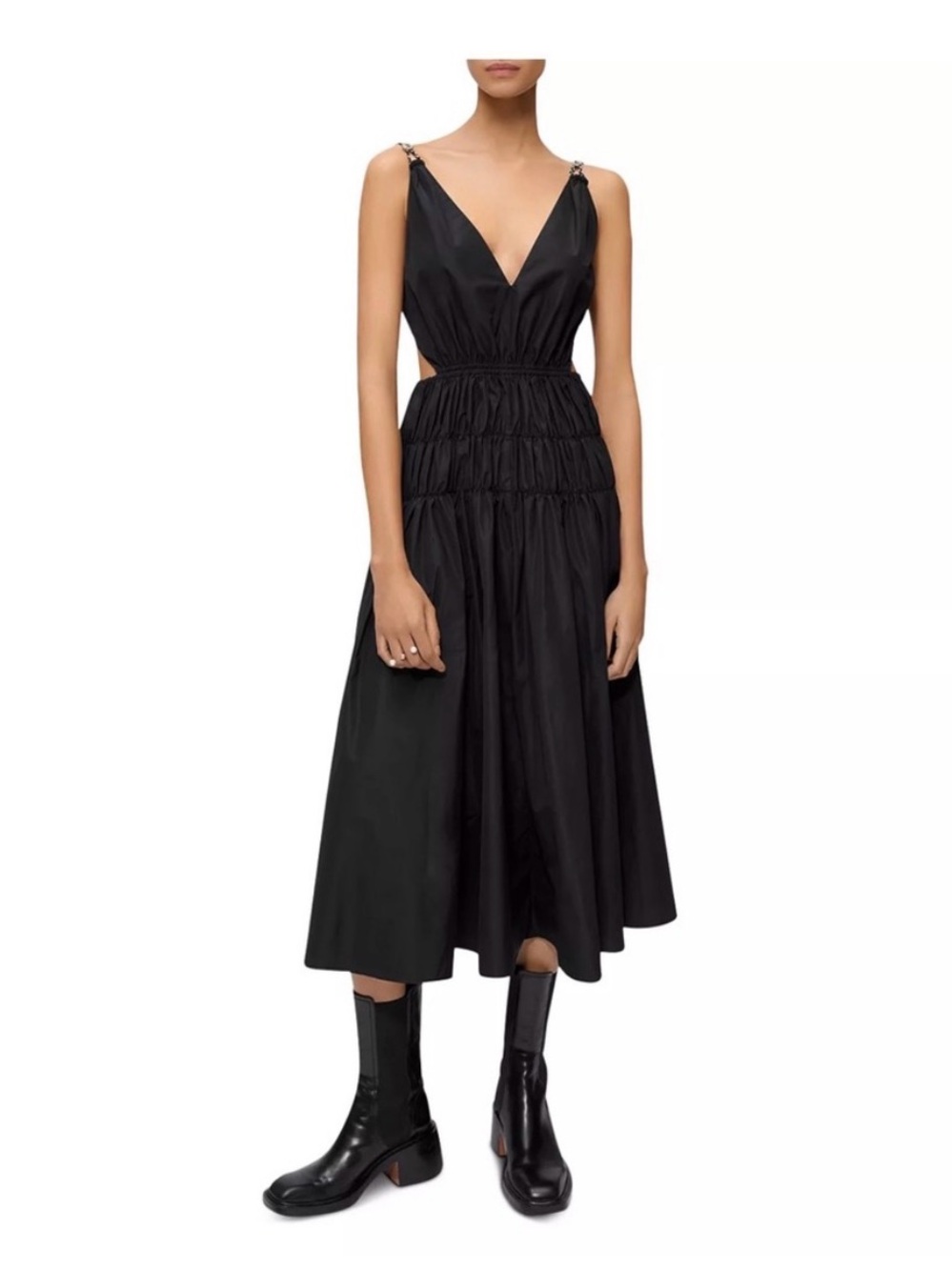 Nwt Maje Rope Strap Shirred Cutout Black Taffeta Midi Dress. Size 40